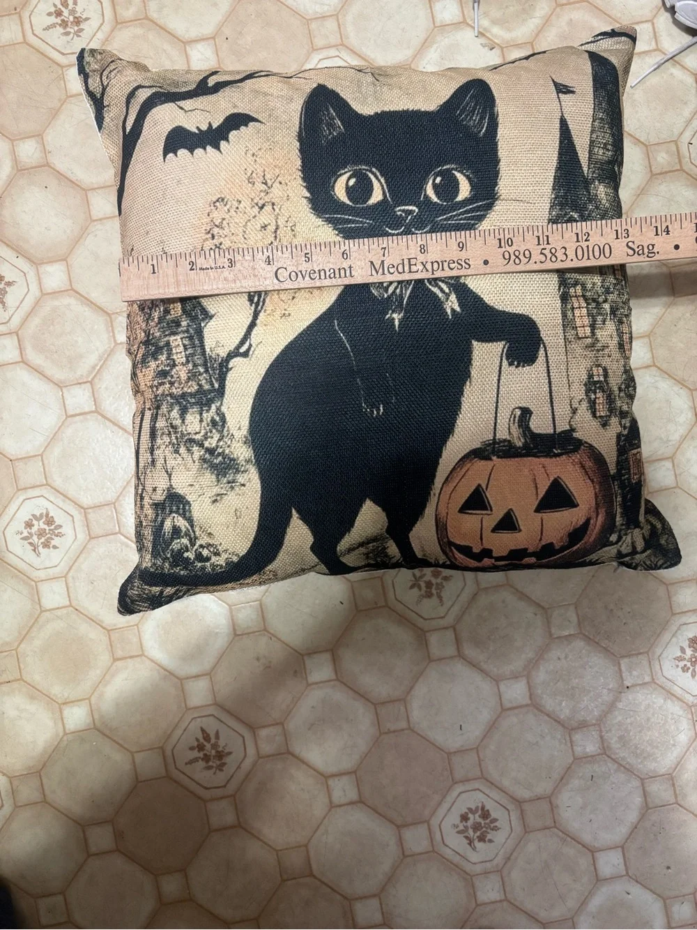 Halloween Black Cat Pillow with Jack-O'-Lantern